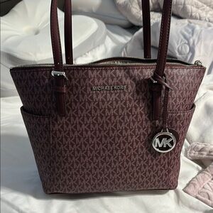 Michael Kors Brown Tote Bag with Monogram Print and Leather Trim